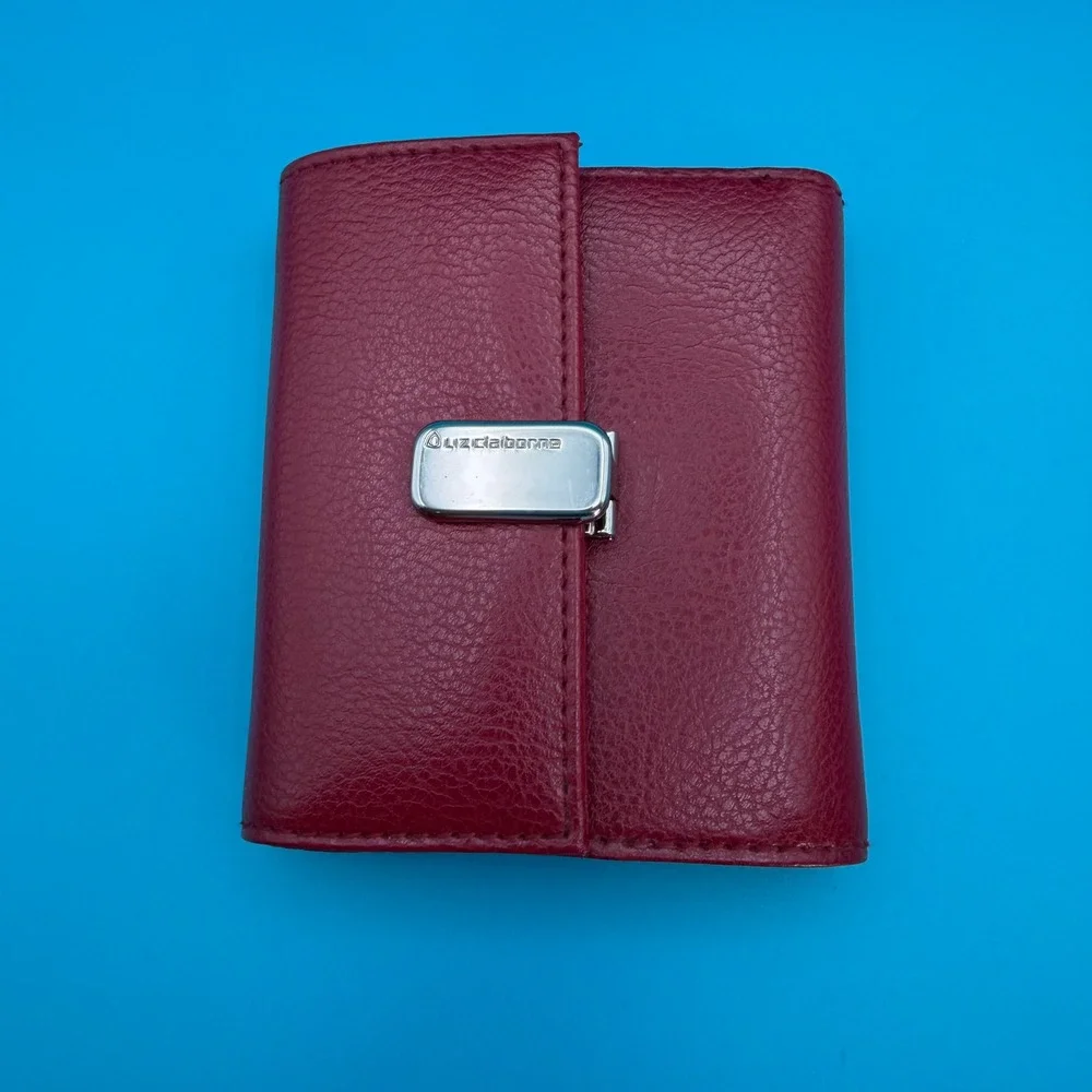 Liz Claiborne Trifold Wallet Women Small Burgundy Red Pebbled Faux Leather